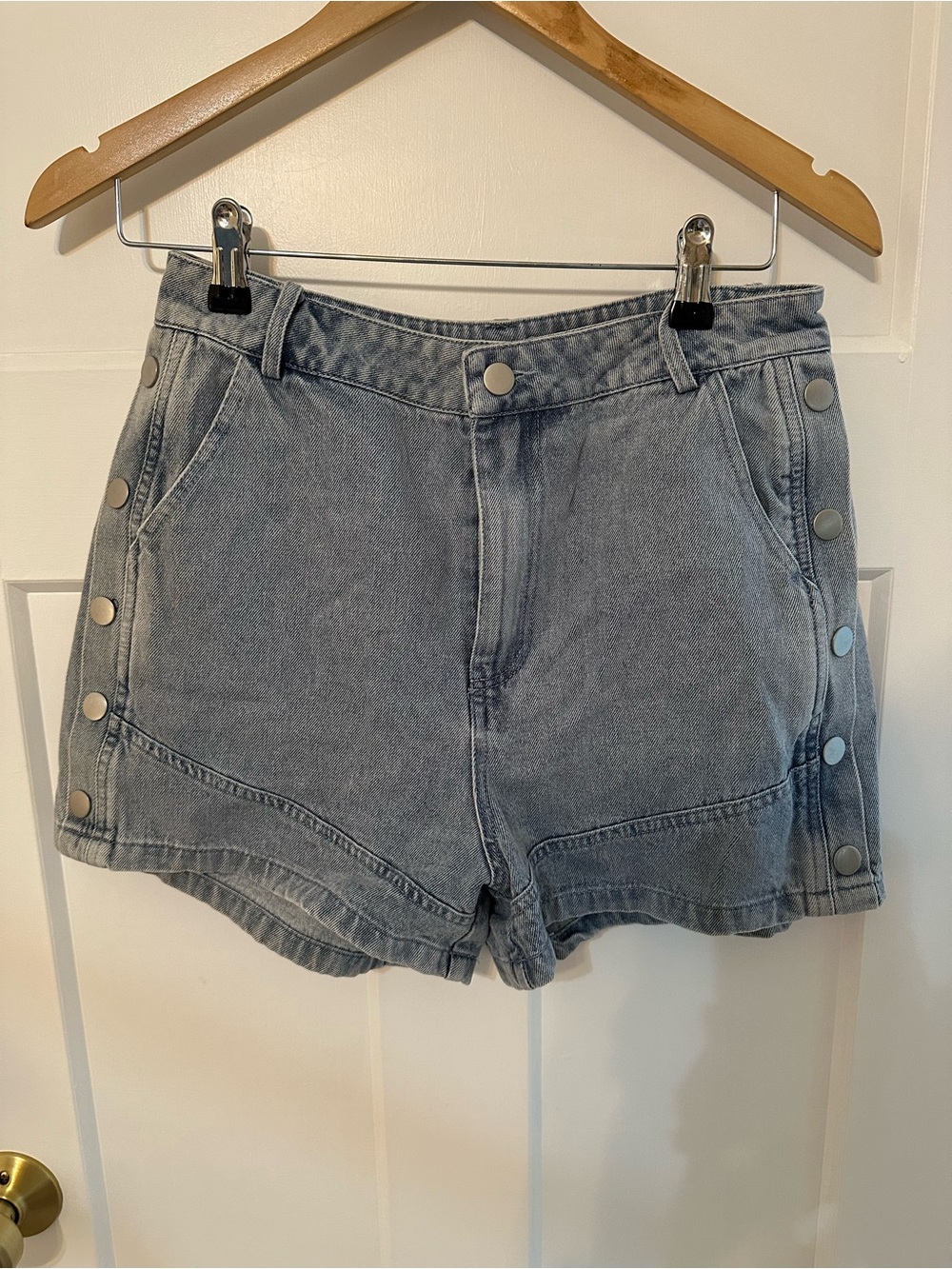 Grace Gray Denim Snap-Trim High-Rise Shorts